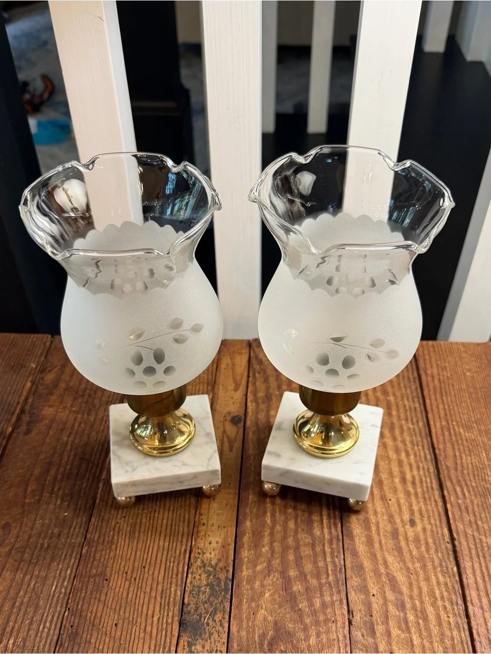 Frosted Glass and Brass Table Candle Lamp Pair with Marble Base